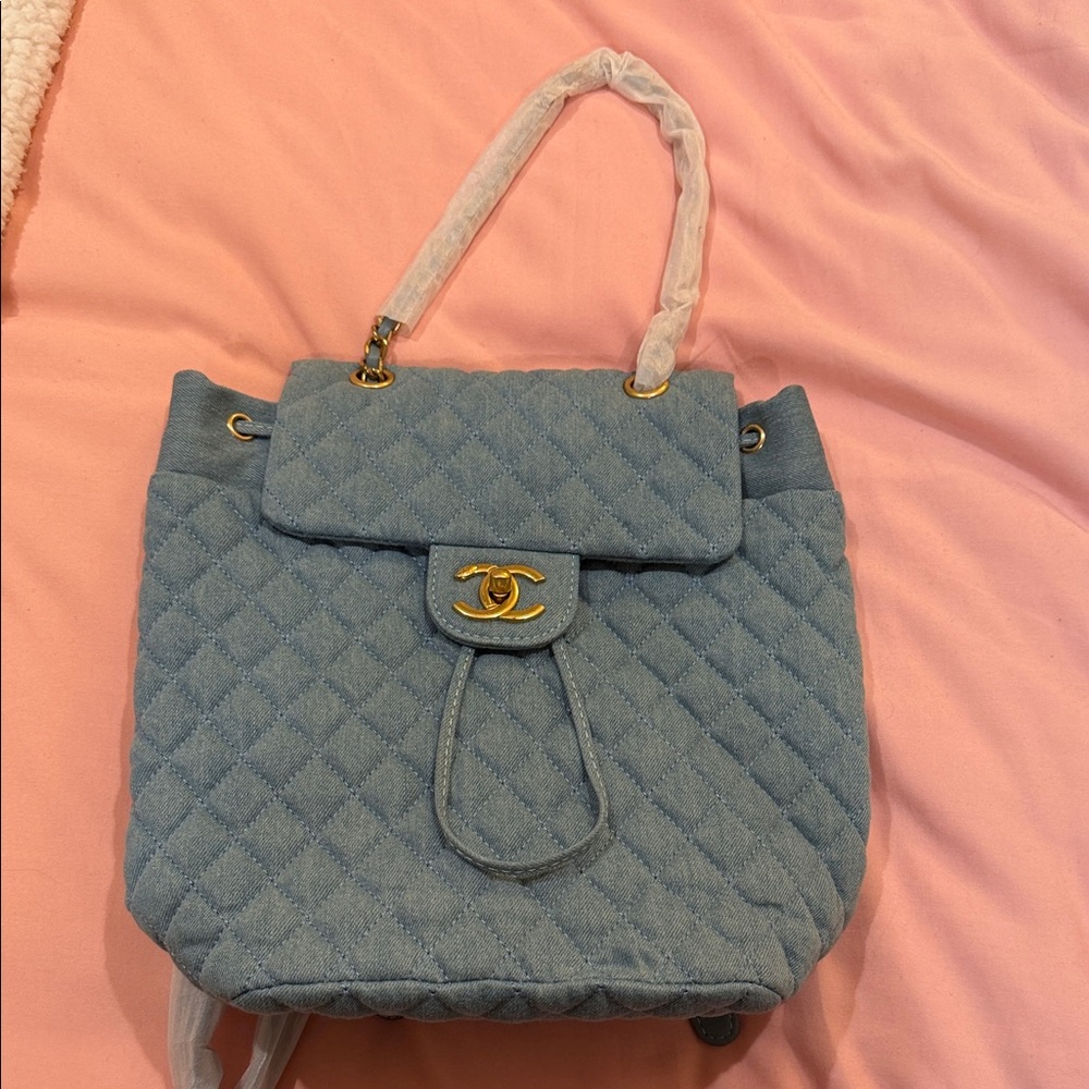 Quilted Light Blue Tote Bag with Gold Hardware